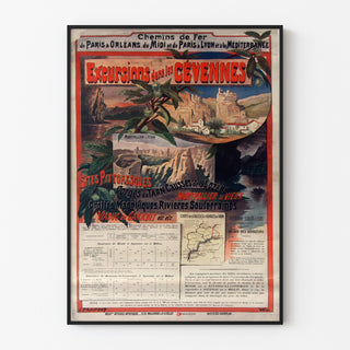 Plakat vintage Cévennes, wycieczki pociągiem, w cienkiej ramie na jasnej ścianie.