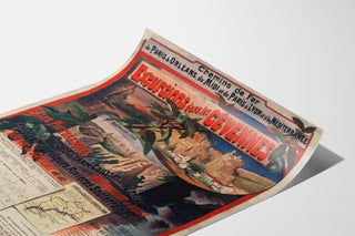 Plakat vintage Cévennes, wycieczki pociągiem, na zagiętej kartce, widok w perspektywie.