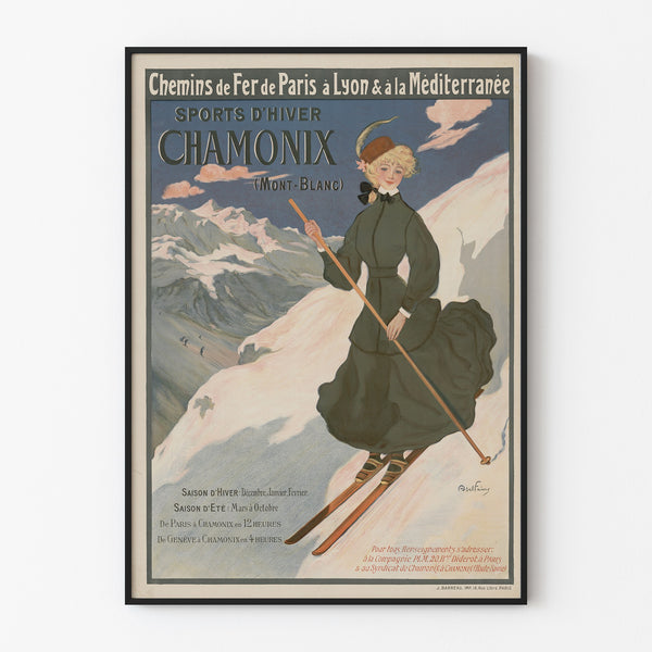 Plakat vintage Chamonix, sporty zimowe PLM, w cienkiej ramie na jasnej ścianie.