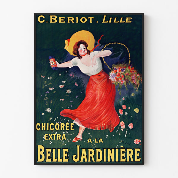 Plakat vintage Chicorée Bériot, Lille, w cienkiej ramie na jasnej ścianie.