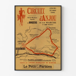 Wintage plakat Circuit d’Anjou, piesze wędrówki, w cienkiej ramie na jasnej ścianie.