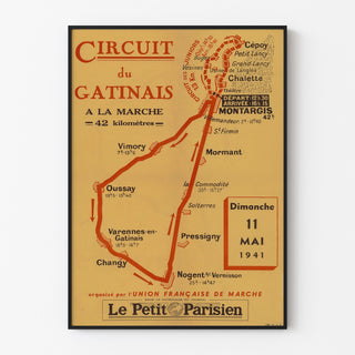 Wintage plakat Circuit du Gâtinais, piesze wędrówki, w cienkiej ramie na jasnej ścianie.