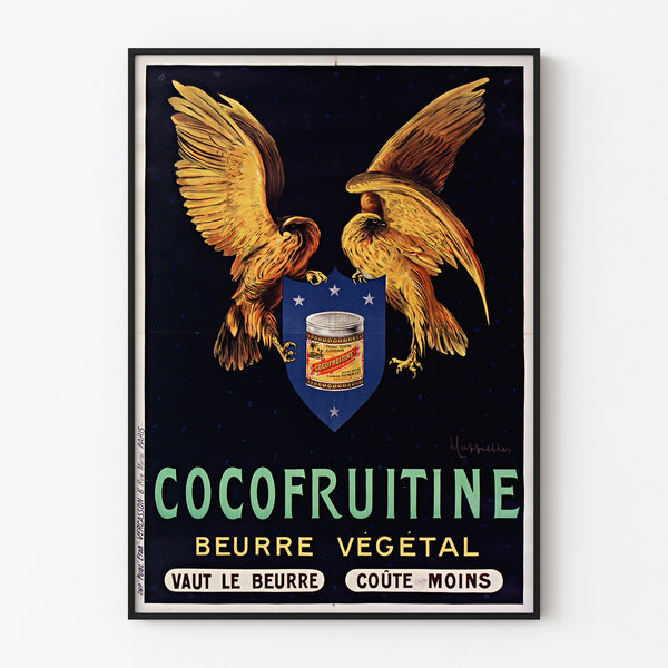 Plakat vintage Cocofruitine, masło roślinne, oprawiony w cienką ramę na jasnej ścianie.