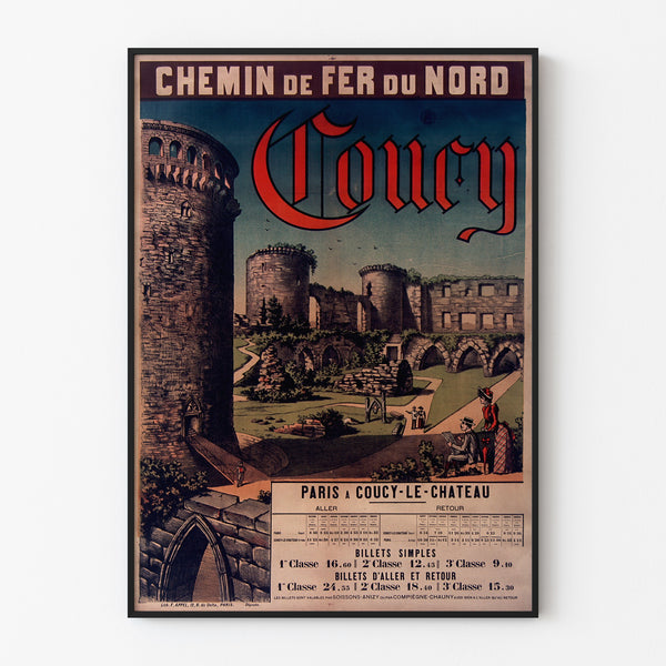 Wintage’owy plakat Coucy, chemins de fer du Nord, w cienkiej ramie na jasnej ścianie.
