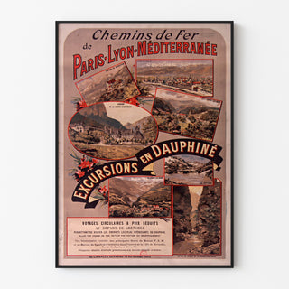 Wydruk plakatowy vintage Dauphiné, wycieczki PLM, w cienkiej ramie na jasnej ścianie.