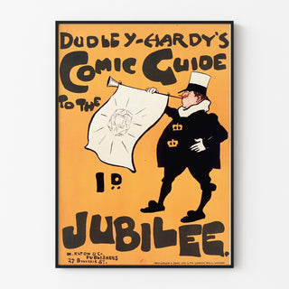 Plakat vintage Dudley Hardy, comic guide, w cienkiej ramie na jasnej ścianie.