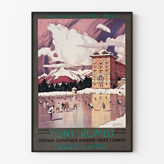 Plakat vintage Font-Romeu, sporty zimowe, w cienkiej ramie na jasnej ścianie.