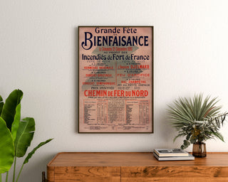 Plakat vintage Fort-de-France, festyn dobroczynny, w ramie nad drewnianą komodą, między roślinami.