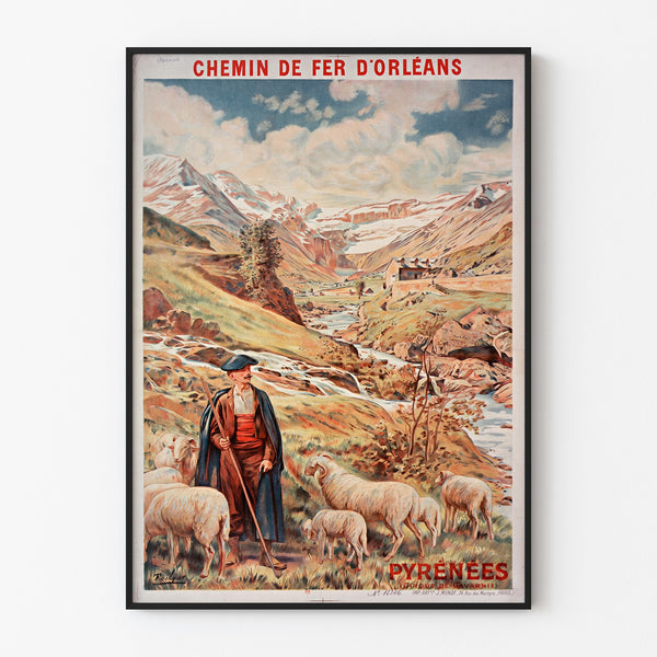 Plakat vintage Gavarnie, chemin de fer d’Orléans, w cienkiej ramie na jasnej ścianie.