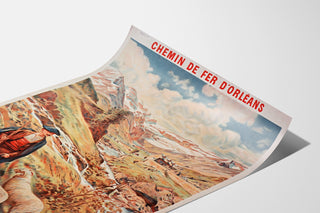 Plakat vintage Gavarnie, chemin de fer d’Orléans, pokazany na zagiętej kartce, widok perspektywiczny.