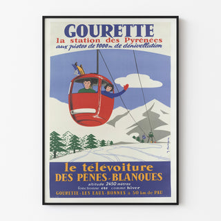 Plakat vintage Gourette, télévoiture, w cienkiej ramie na jasnej ścianie.