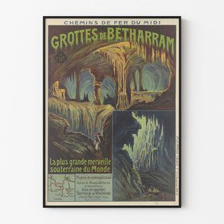 Plakat vintage Grottes de Bétharram, w cienkiej ramie na jasnej ścianie.