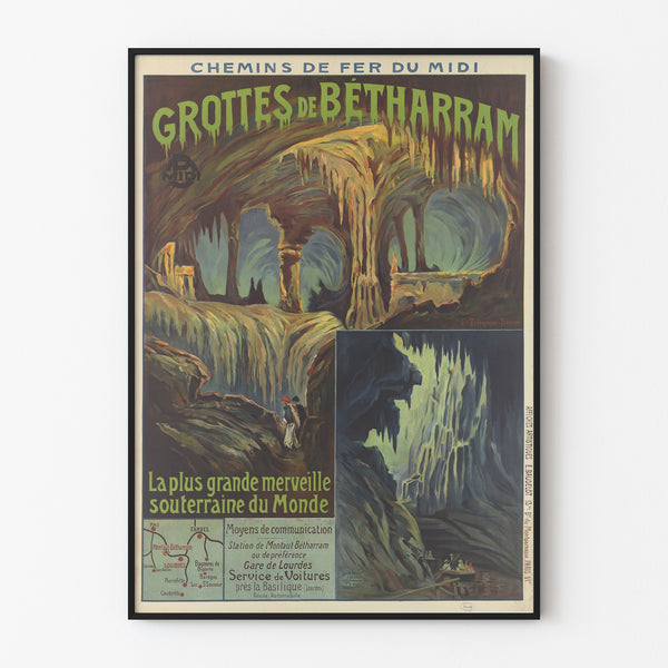 Plakat vintage Grottes de Bétharram, w cienkiej ramie na jasnej ścianie.