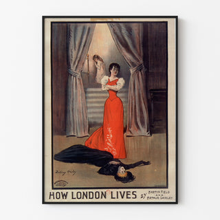 Plakat vintage How London Lives, Surrey Theatre, oprawiony w cienką ramę na jasnej ścianie.