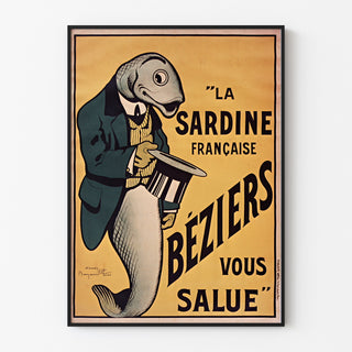 Wintage plakat La Sardine française, Béziers, pokazany w cienkiej ramie na jasnej ścianie.