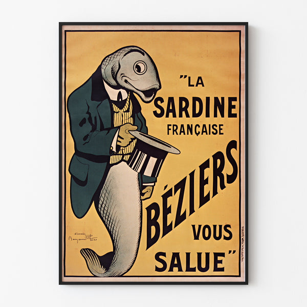 Wintage plakat La Sardine française, Béziers, pokazany w cienkiej ramie na jasnej ścianie.