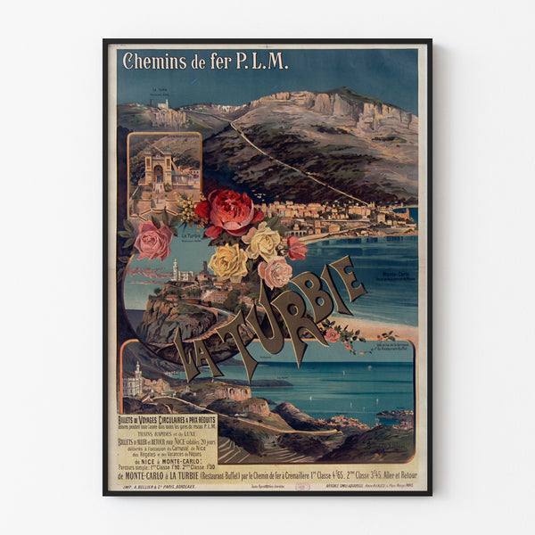 Plakat vintage La Turbie, koleje PLM, pokazany w cienkiej ramie na jasnej ścianie.