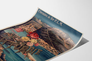 Plakat vintage La Turbie, koleje PLM, pokazany na zakrzywionej kartce, widok w perspektywie.