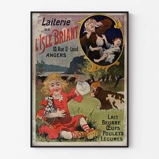 Plakat vintage Laiterie de l’Isle Briant, Angers, w cienkiej ramie na jasnej ścianie.