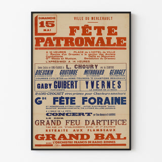 Vintage plakat Le Merlerault, odpust parafialny, w cienkiej ramie na jasnej ścianie.