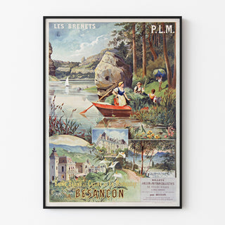 Wintage plakat Les Brenets — PLM, kąpiele solankowe w Besançon, w cienkiej ramie na jasnej ścianie.