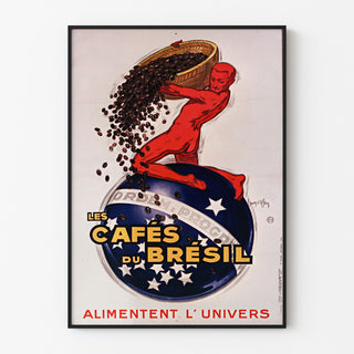 Plakat vintage Les Cafés du Brésil, w cienkiej ramie na jasnej ścianie.
