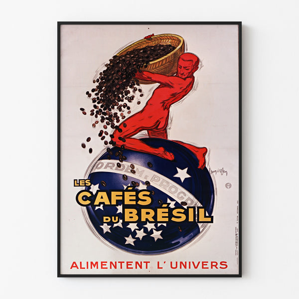 Plakat vintage Les Cafés du Brésil, w cienkiej ramie na jasnej ścianie.