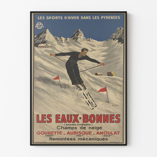 Plakat vintage Les Eaux-Bonnes, sporty zimowe, w cienkiej ramie na jasnej ścianie.