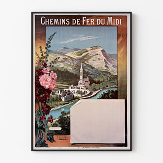 Plakat vintage Lourdes, chemins de fer du Midi, w cienkiej ramie na jasnej ścianie.