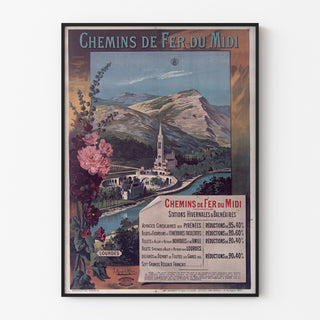 Plakat vintage Lourdes, kurorty nadmorskie, w cienkiej ramie na jasnej ścianie.