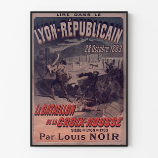 Wintage plakat Lyon Républicain, Bataillon Croix-Rousse, w cienkiej ramie na jasnej ścianie.