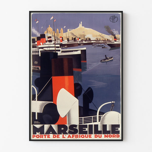 Plakat vintage Marseille, Porte de l’Afrique du Nord, w cienkiej ramie na jasnej ścianie.