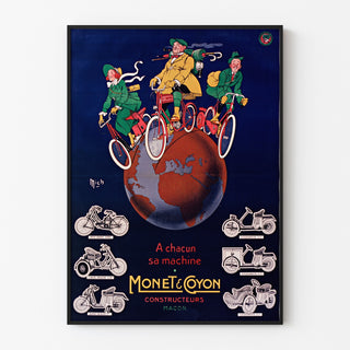 Wintage plakat Monet & Goyon, maszyny, w cienkiej ramie na jasnej ścianie.