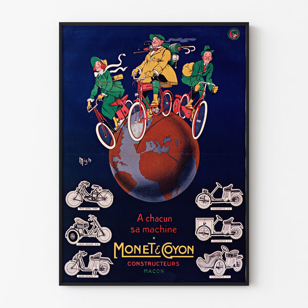 Wintage plakat Monet & Goyon, maszyny, w cienkiej ramie na jasnej ścianie.