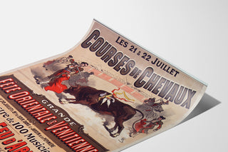 Wydruk plakatowy vintage Mont-de-Marsan, święta i wyścigi, pokazany na wygiętej kartce, widok perspektywiczny.