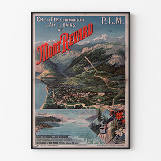 Plakat vintage Mont-Revard, zębatkowa kolejka, w cienkiej ramie na jasnej ścianie.