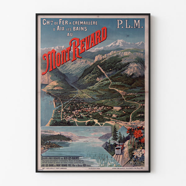 Plakat vintage Mont-Revard, zębatkowa kolejka, w cienkiej ramie na jasnej ścianie.