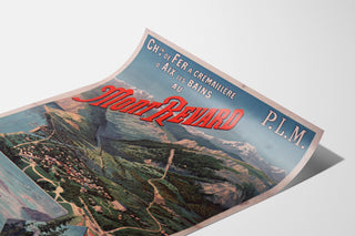 Plakat vintage Mont-Revard, zębatkowa kolejka, pokazany na zaokrąglonej kartce, widok w perspektywie.