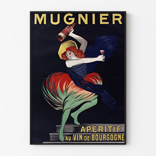 Vintage plakat Mugnier. Apéritif au vin de Bourgogne, w cienkiej ramie na jasnej ścianie.