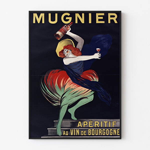 Vintage plakat Mugnier. Apéritif au vin de Bourgogne, w cienkiej ramie na jasnej ścianie.