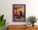 Plakat vintage Mulhouse, wystawa litograficzna, oprawiony nad drewnianą komodą między roślinami.