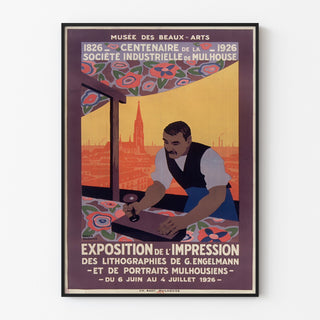 Plakat vintage Mulhouse, wystawa litograficzna, w cienkiej ramie na jasnej ścianie.