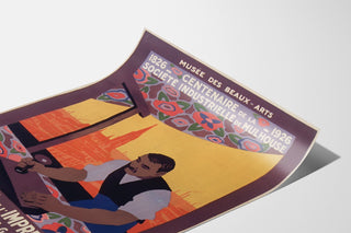 Plakat vintage Mulhouse, wystawa litograficzna, wygięty arkusz widoczny w perspektywie.