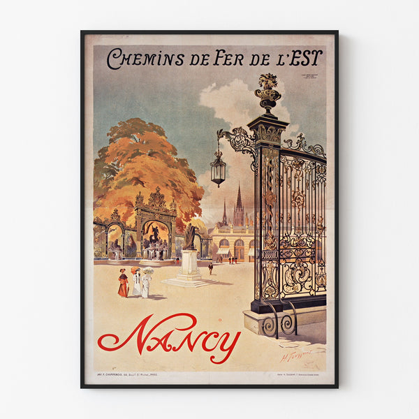 Vintage plakat Nancy, chemins de fer de l’Est, w cienkiej ramie na jasnej ścianie.