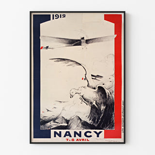 Vintage plakat Nancy, meeting d’aviation, w cienkiej ramie na jasnej ścianie.