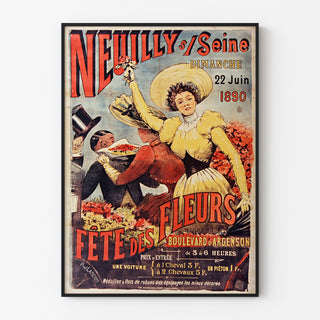Plakat vintage Neuilly, fête des fleurs, 1890, oprawiony w cienką ramę na jasnej ścianie.