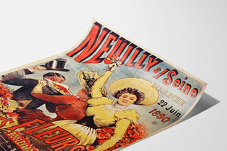 Plakat vintage Neuilly, fête des fleurs, 1890, przedstawiony na lekko zagiętej kartce, widok perspektywiczny.