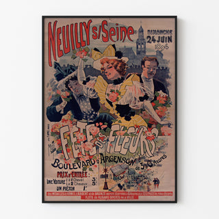 Plakat vintage Neuilly, fête des fleurs, 1894, oprawiony w cienką ramę na jasnej ścianie.