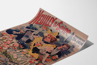 Plakat vintage Neuilly, fête des fleurs, 1894, przedstawiony na lekko zagiętej kartce, widok perspektywiczny.