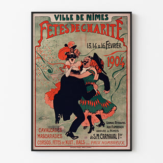 Wintage plakat Nîmes, imprezy charytatywne, pokazany w cienkiej ramie na jasnej ścianie.
